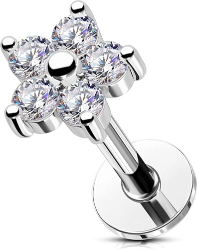 OUFER 16G Piercing Tragus Helix Filetage Intérieur Fleur Boucle d'oreille Conch Acier Inoxydable 316L Transparente CZ Lip Stud pour Femme 6 mm