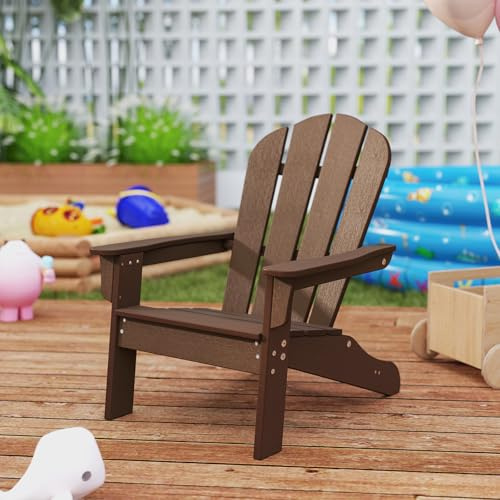 GYMAX Sedia Adirondack per Bambini da Giardino, Sedia per il Tempo Libero in HDPE con Ampio Sedile, Schienale e Braccioli, Angolo di Elevazione di 105°, Poltrona Esterno per Bambini 3-8 Anni (Marrone)