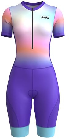 RUUN Women’s Cycling Trisuit Half Sleeve with Pockets Mesh Triathlon Padded Suit with Hi Viz Reflection Skinsuit Power Band and Leg Grippers (X-Large, Purple, One Size)