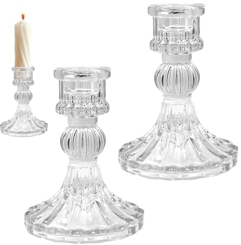 2 portavelas de cristal transparente, candelabros vintage para bodas, mesas de comedor, diseño tipo diamante con base ancha, aptos para velas cónicas y pilar, listos para regalo