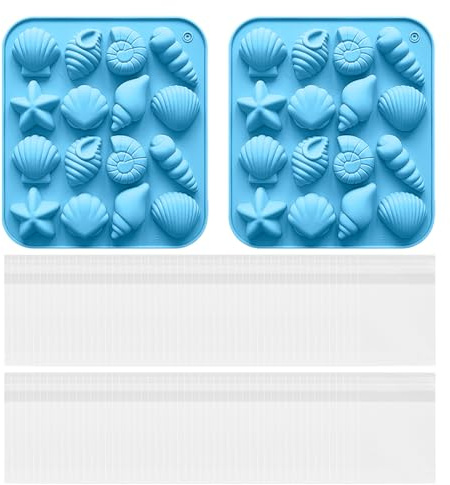DUINIU 2 Pezzi di Stampi per Conchiglie Marine, 100 Sacchetti Autosigillanti, Stampi A Tema Marino, Strumenti per Modellare La Glassa, Stampi Sospesi Portatili, Sacchetti Regalo per Snack.