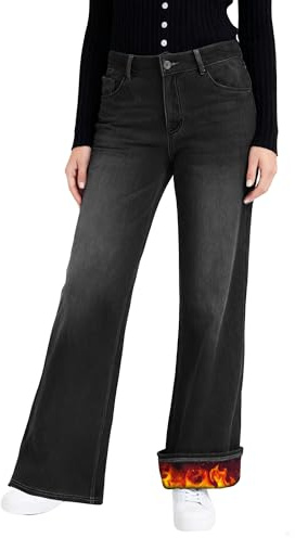 LaiEr Jeans a Gamba Larga con Fodera in Pile per Donne Jeans Termali ad Alto Vita con Cerniera e Bottoni,ad Alta Elasticità a Taglio Dritto Pantaloni di Jeans,Caldi per l'inverno(Grigio Scuro,L)