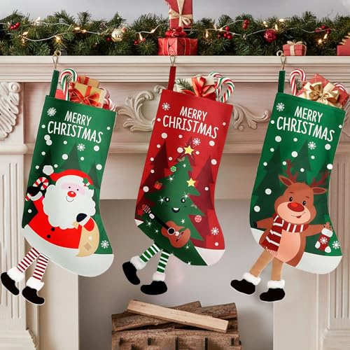 Yiomxhi 3 Pezzi Calza Befana da Appendere, Calze Natalizie Vuota Grande Borsa Regalo per Natale Decoraizione Camino, Rossoe Verde