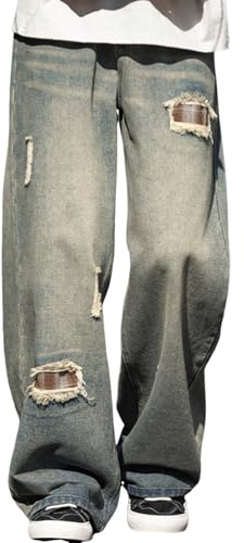 Générique Jeans De Travail Homme,Pantalon en Denim DéContracté pour Homme Pantalon Droit Et Ample DéContracté Polyvalent Blocage De Couleurs Taille éLastique Design Jeans Patchwork à Carreaux