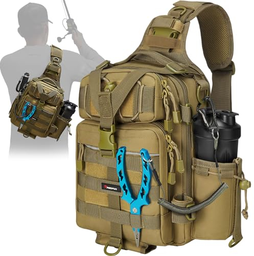 Piscifun Waterproof Outdoor Tackle Bag Single Shoulder Fishing Tackle Storage Bags Durable Handbag Crossbody Messenger Bag Multifunctional Bags For Camping Hiking Cycling Travelling Khaki