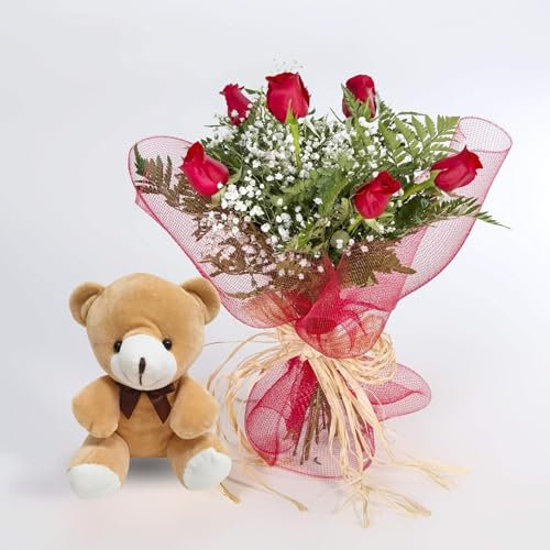 REGALA UNA FLOR | Ramo de 6 rosas naturales a domicilio | Entrega en 24 horas de Lunes a Sábado | Con osito y tarjeta de dedicatoria | 6 Rosas y osito