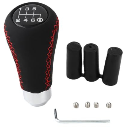 6 Speed Gear Stick Shift Knob, Universal Car Auto Vehicle 6-Speed Transmission, PU Shifter Stick with 3 Hoses, Manual Gear Shift Knob Adapter Head (Red)