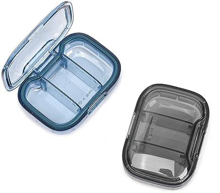YXCHUA 2 scatole per pillole a 3 scomparti, alla moda, da viaggio, piccolo, portapillole, contenenti farmaci, vitamine, olio di pesce, integratori alimentari, ecc. (blu + nero)