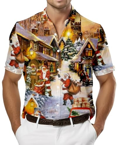 Kortärmad rolig tryckt fritidsskjorta julskjorta för män, kostymskjorta för festival, fest, jul, Brons santahouse, 3XL