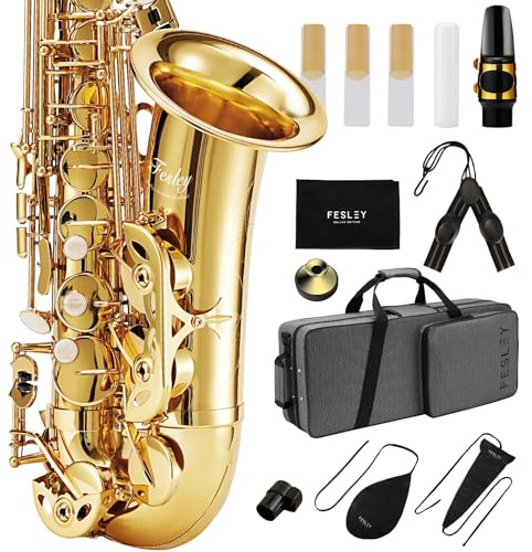 Fesley Saxophone E Flat Alto Saxophone: Saxofón Alto for Professional, Sax for Beginners & Students, Saxophones with Reeds, Neck Strap, Sax Case & Portable Cleaning Kit, Gold