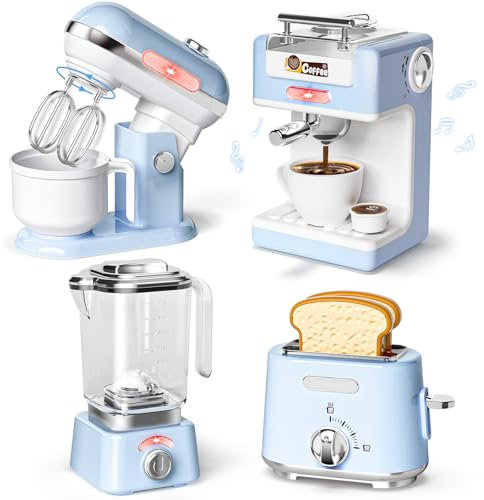 Toyssa Kinder Küchengeräte Set mit Kaffeemaschine Mixer Toaster Rührgerät, Zubehör Spielküche mit Licht und Sound, Kinderküche Zubehör Spielzeug Geburtstag Geschenk Mädchen Junge 3 4 5 6 7 8 Jahre