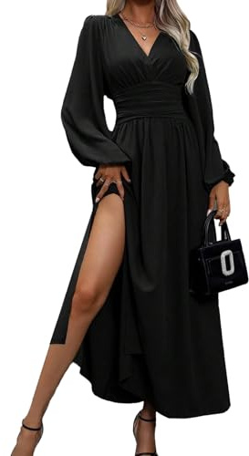 LUVCES Abito Elegante Donna Scollo a V Plissettato Vita Alta Abito Lungo con 2 Side Spaccato Causal Manica Lanterna Vestiti Autunno Iinverno Abiti Nero XL