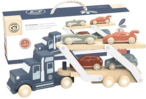 Speedy Monkey Wooden Car Transporter with 4 Cars, Toddler Toy, Kids Gift | Double-deck trailer with 4 colourful cars, develops fine motor skills, toy for 2 to 4 year old kids