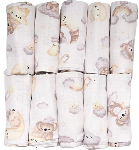 FENSILO Baby Muslinblöjor | Muslindukar | dregellappar – förpackning om 10 70 x 80 cm för spädbarn och nyfödda | muslindukar för pojkar och flickor | skötdukar av bomull | Rengöring|Torka av och täcka