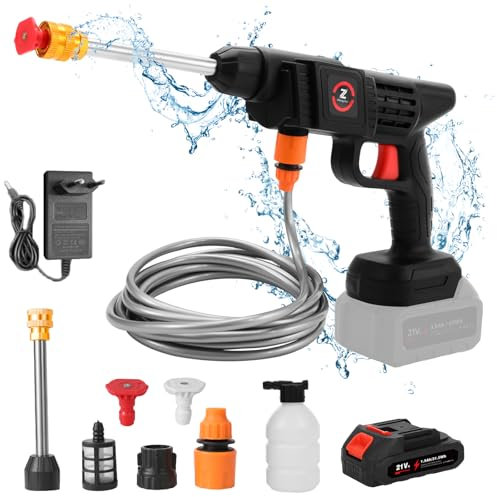 Pistola de Agua a Presión 50Bar, Hidrolimpiadora de Alta Presion con Batería, Manguera de 5 m Limpiador Agua Presion Bateria, Lavado a Presion para Limpiar Coche, Terraza, Jardín (15000 mAh)