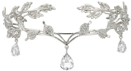Yuqilin Prinsesskristallkrona, gudinna tiara elfenkrona älvor huvudbonad blad kristall krona älva cosplay fe kostym damer hårband diadem, för cosplay renässans brud brudtärna (silver)