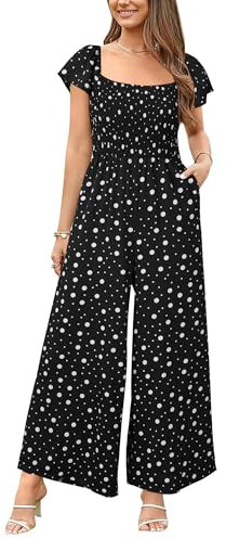 VOTEPRETTY Jumpsuits for Women UK Short Sleeve Square Neck Smocked Wide Leg Dungarees One Piece Outfit with Pockets Black Polka Dot,M