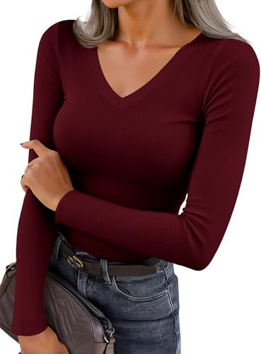 Fisoew T-Shirt à Manches Longues Sexy pour Femme, avec col en V, Manches Longues, côtelé, Couleur Unie, Coupe ajustée, Rouge Bordeaux, M