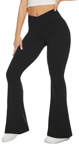 TNNZEET Slagbyxor, dam, kors, midja, ogenomskinliga, utsvängda yogabyxor, för yoga | Elastiska bootcut sportbyxor byxor med V-snitt i linningen, fritid, joggingbyxor, breda jazzbyxor för pilates och vardag