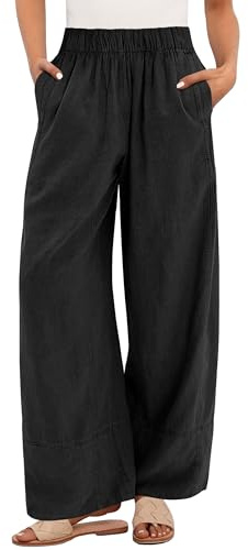 ANRABESS Women's Wide Leg Linen Pants Summer Boho Casual Elastic Waist Long Lounge Travel Pants Trousers with Pockets Black Large