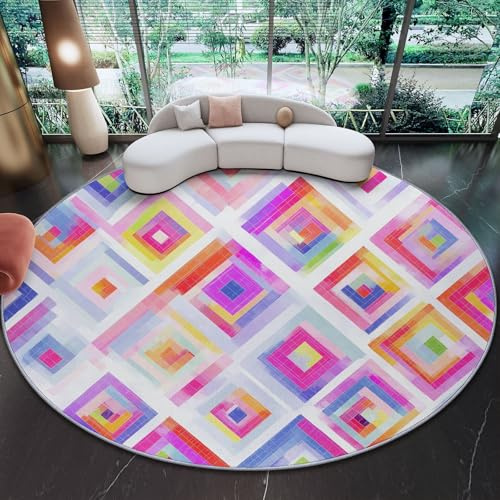 Generisch Teppich Rund Modern rutschfest Waschbar Schlafzimmer Teppiche, Innenbereich Minimalistisches Pixeliges Rautenmuster Runder Teppich fürs Wohnzimmer Flur Kinderzimmer Büro, 60 cm, Bunt