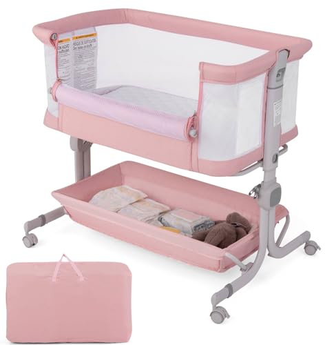 GYMAX Baby Bedside Crib, Foldable Toddler Side Cot with Mattress, Lockable Wheels, Storage Shelf and Carry Bag, 6-Level Heights Adjustable Infant Bassinet for Newborns (Pink)
