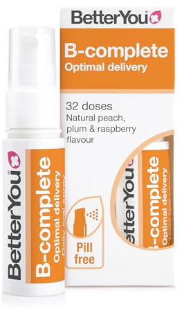 BetterYou B-Complete Oral Spray, Fast Acting B-Complex Supplement, High Strength Blend of All 8 B-Vitamins, Natural Peach, Plum & Raspberry Flavour, 1-Month Supply