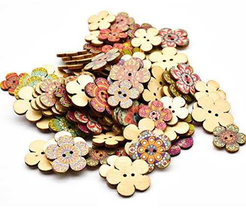 YMWALK Botones de Madera con Forma de Flor, 100 Piezas con Patrón Vintage Decorativos Impresos Coloridos Hechos a Mano para Coser Tejido Artesanal DIY