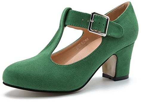 Women's T-Strap Mary Jane Pumps Low Block Chunky Heels Closed Round Toe Ankle Strap Wedding Evening Party Dress Office Work Shoes Green Suede 42-9.5US