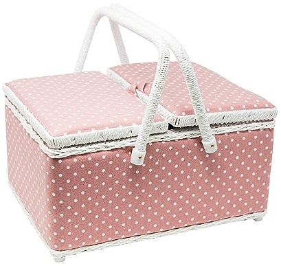 Korbond Cesta de costura con doble tapa, diseño de lunares, color rosa, 17 x 24 x 31 cm
