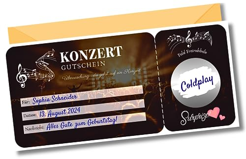 EQUIK PRODUCTS Gutschein Konzert, Konzertbesuch, Konzertkarte | Personalisierte Gutscheinkarte, Überraschungskarte, Rubbelaufkleber | Gutschein Musik | Gutschein Karten zum ausfullen (Konzert)