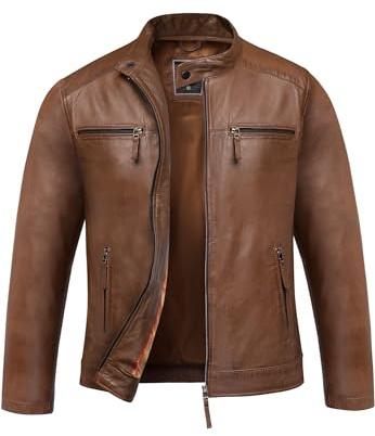 Amaci&Sons Herren Echtleder Jacke Biker Zipper Lederjacke 9108 Cognac S