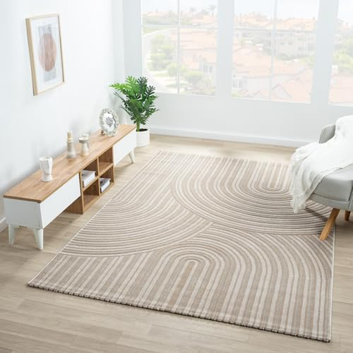 VIMODA Teppich Wohnzimmer Kurzflor Schlafzimmer Wellen Hochtief-Muster/Boho Sakndi, Farbe:Taupe, Maße:120x170 cm