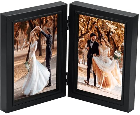 Portafoto Pieghevole in Legno Doppia, 10x15 cm Foto Cornice Doppia, Portafoto Doppio, Portafoto da Tavolo Multiplo Portafoto Legno 2 Foto, per Famiglia, Nozze
