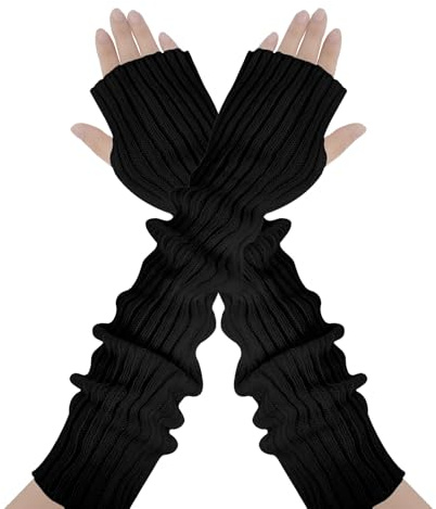 AUYAO Gants Sans Doigts Tricotés Gants Chauds d'Hiver pour Femmes, Mitaines D'hiver Sans Doigts Moufles Poignets, Gants de Bras Plus Chauds avec Trou pour le Pouce Unisexe(Noir-50cm)