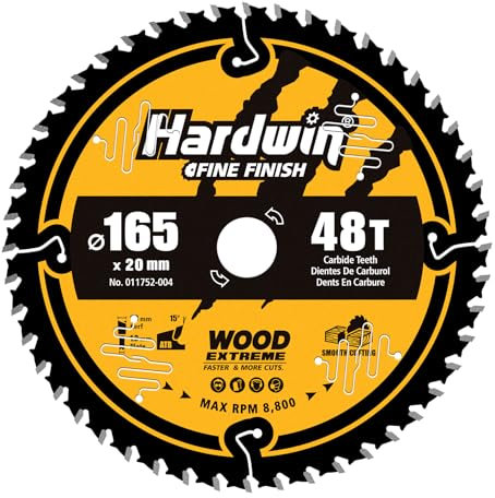 Hardwin Lame de Scie Circulaire 48 Dents 165mm x 20mm (Bois) - Adaptée à Toutes les Essences de Bois, Compatible avec les Modèles Dewalt et Makita