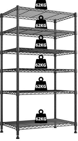 REIBII 6-Shelf Shelving Unit for Storage, 179.3HX34.8DX74.6W Tall Storage Shelves -372kg Metal Wire Shelving Units for Bathroom Kitchen Pantry Laundry Garage Basement Utility Room Black