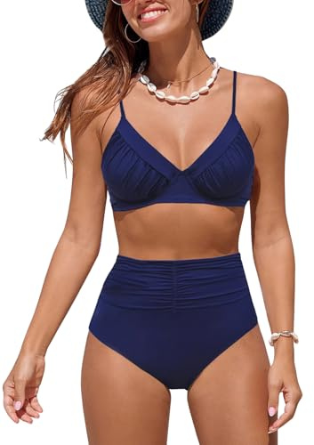 NLAND Tvådelad baddräkt dam hög midja V-ringad sexig bikini set elegant push up set vintage halter tröjor badkläder, Marinblå, XL