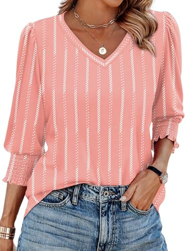 Aokosor Womens 3/4 Sleeve Tops Ladies Blouses V Neck T Shirts Puff Sleeve Tunic Curved Hem Office Wear Size 14-16 Pink White Stripe