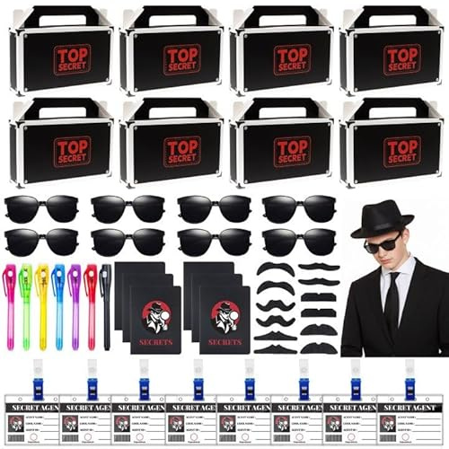 WOOWAIR 60 Pezzi Detective Set, Kit Spionaggio Gioco Detective con Penne, Quaderno, Occhiali da Sole, Scatola Regalo per Feste, Tesserino di Lavoro, Barba Finta, Articoli per Feste a Tema Detective