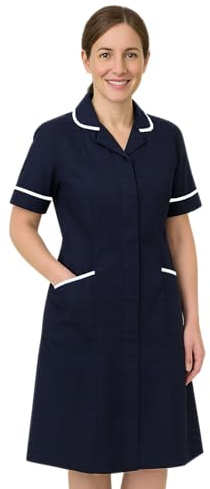 Skywear Ladies Healthcare Tunic Dress – Nurses Uniform Workwear for Women – Medical, Beauty, Dental, Therapist & Carers, Navy with White, 12, Short