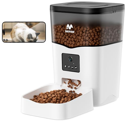 IMIPAW Distributore Automatico Cibo Gatti 5G WiFi con Telecamera, 1080P HD, Tecnologia Anti Intasamento, Dispenser Automatico Cibo per Animali con Controllo APP (Bianco, 3L)