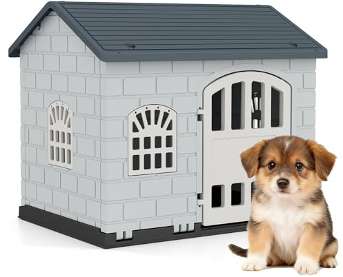 GYMAX Caseta para Perros al Aire Libre, Casa de Plástico para Perros, Refugio para Cachorros con 3 Ventanas y Puerta con Cerradura, Techo Inclinado, para Interior, Exterior, Hogar (Gris)
