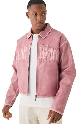 boohooMAN Boxy Tumble PU Applique Harrington Jacket In Pink
