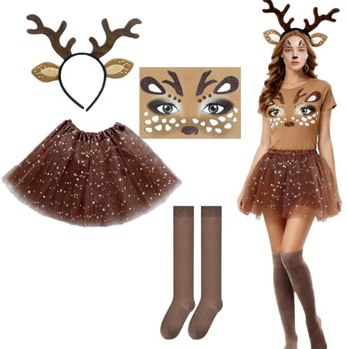 ZXTGBQ Disfraz Reno Mujer, Falda Tutú, Orejas de Cuernos, Cuernos Reno, Diadema Navidad, Disfraz De Animal, para Carnaval Fiesta Temática Halloween Navidad Cosplay