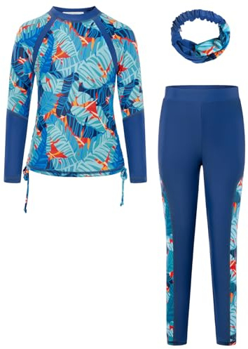 GRACE KARIN Printed Summer Swimming Costume for Girls Long Sleeve Crew Neck Swimsuit Elastic Rash Guard with Headband Blue Orange Leaves 10-11 Years