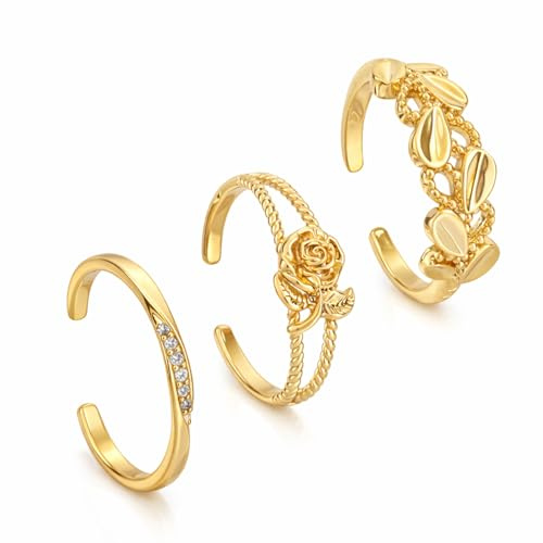 Mikovivi 3pcs Bagues d'Orteil Ajustables Plaquées Or pour Femmes, Motif Rose et Feuille Torsadée Bague Ouverte Bijoux de Pied pour une Fête d'Été à la Plage