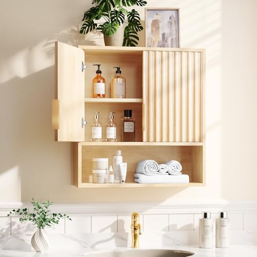 Bonnlo Fluted Bathroom Wall Cabinet, Wooden Wall Mounted Medicine Cabinet | 2 Fluted Doors,Open Compartments and Adjustable Shelf, Storage Organiser Over Toilet for Living Room Kitchen Laundry,Oak
