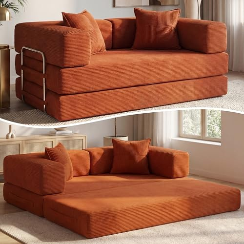 Vipbear Sofá Cama Pana 200×100×70 cm, sofá de Suelo transformable 5 en 1, Espuma de Alta Densidad, Apto para Mascotas y ergonómico, sin Montaje, Naranja
