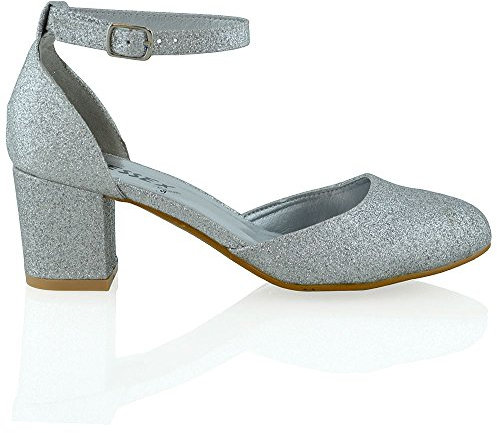 ESSEX GLAM Womens Low Mid Block Heel Ankle Strap Buckle Ladies Sandals Court Shoes Size 3-8